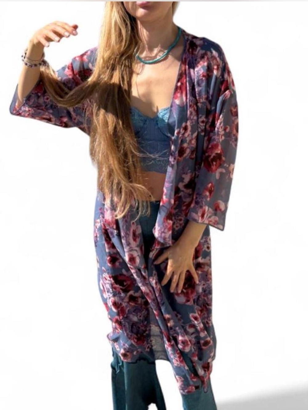 Shabby chic Y2K boho style Lilac floral kimono Sheer Coastal cowgirl M